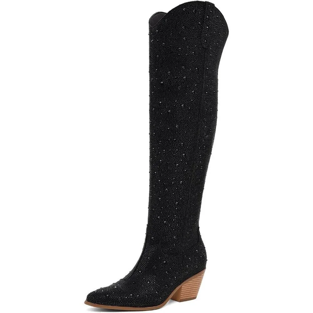 Women Black Faux Leather Sparkly Bling Rhinestone Over the Knee Cowboy Boots